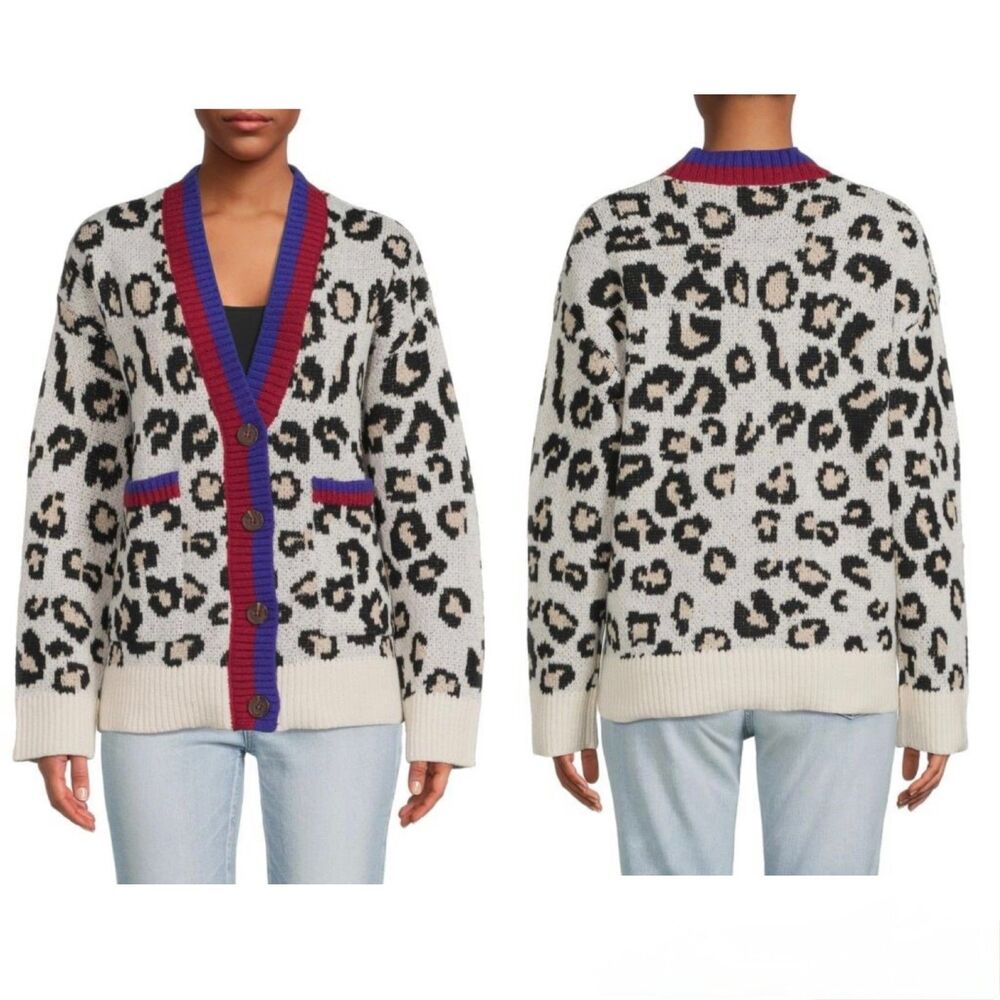 VIGOSS Women's SMALL Leopard Button Front Cardigan Neutral Pockets Ribbed Hem
